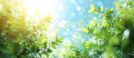 Obraz premium Summer forest landscape with green leaves against the blue sky and sun perfect for a copy space image