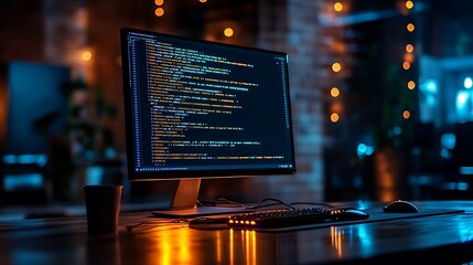 A quiet office at midnight, a computer monitor glowing with code, soft reflections of light on nearby surfaces, shadows cast across the empty space,