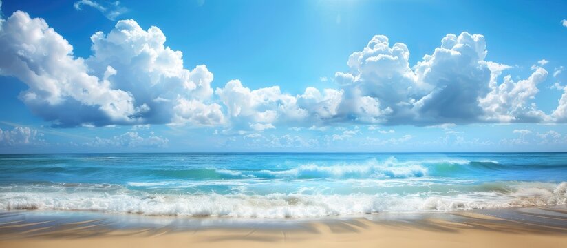 Scenic tropical beach with a blue sky and white clouds providing a picturesque backdrop perfect for summer vacation and holiday business travel concepts Incorporates copy space image