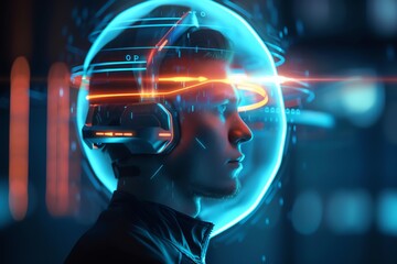 Brainwave sensors, neural holographic feedback, advanced tech, sleek interface