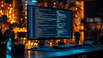 A quiet office at midnight, illuminated by a glowing screen displaying intricate code, soft reflections on the desk, shadows filling the room,