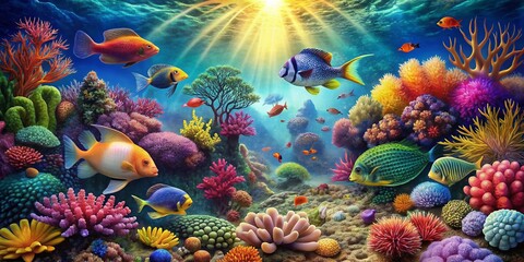 Naklejka premium Vibrant colors and intricate textures of coral reef formations create a stunning, intricate wallpaper background showcasing the beauty of underwater sea life in vivid detail.