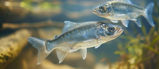Silver scaled freshwater fish gracefully swim in clear water under soft light enhancing their sleek forms ideal for nature studies with a copy space image