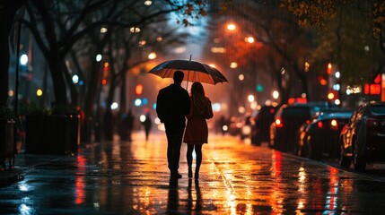 Obraz premium A couple walks under an umbrella on a rainy street, illuminated by city lights.