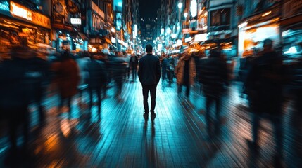 Fototapeta premium A solitary figure stands amidst a bustling urban crowd, surrounded by vibrant lights.