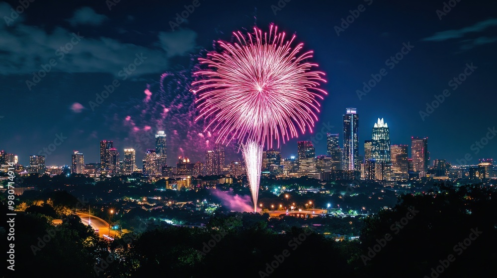 Poster A vibrant fireworks display over a city skyline at night, celebrating a festive occasion.