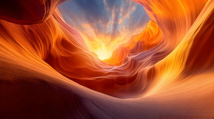 Fototapeta premium A Dramatic View of a Canyon with a Sunset Shining Through a Narrow Opening in the Rock, with a Golden Glow, Red Rocks, and a Cloudy Sky Above