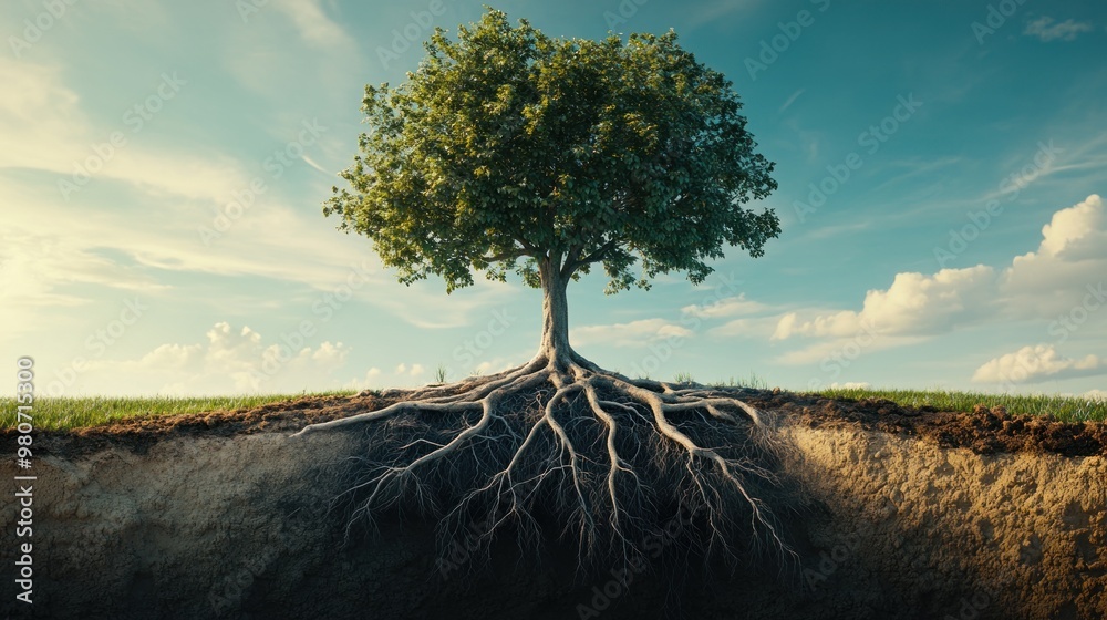 Wall mural A majestic tree with exposed roots against a serene sky and grassy landscape.