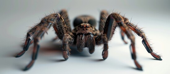 Detailed close up portrayal of a highly toxic spider set against a white backdrop with ample copy space image