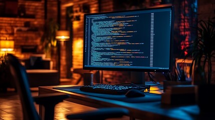 A quiet office at night, illuminated by a glowing screen showing active code, reflections of light on the floor and furniture, shadows filling the darkened room,