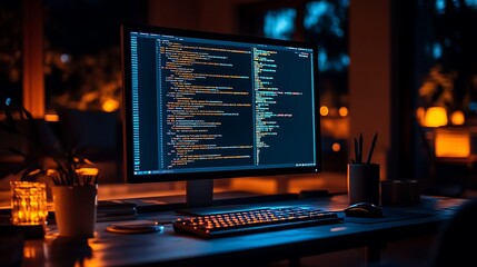 A quiet office at night, illuminated by a glowing screen showing active code, reflections of light on the floor and furniture, shadows filling the darkened room,