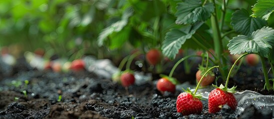 Ripe strawberries in the garden on mulching film after rain with a copy space image