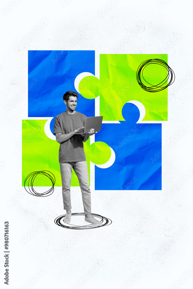 Aufkleber composite artwork sketch image collage of young man office manager stand hold laptop work remote puz