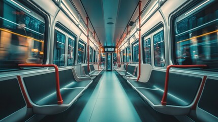Interior view of a modern subway train, showcasing empty seats and illuminated surroundings.