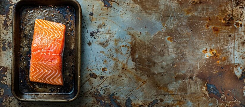 A vibrant salmon fillet on a weathered pan highlights fresh seafood against a vintage backdrop with appealing aesthetics in a close up copy space image