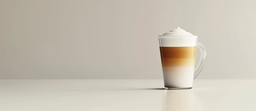 Gradient latte macchiato on grey background with copy space image