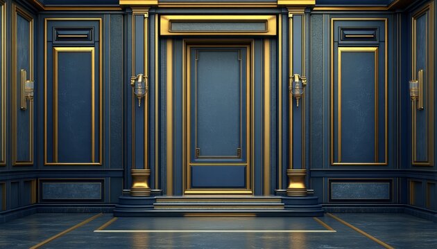 Ornate Doorway with Gold Trim and Blue Panels