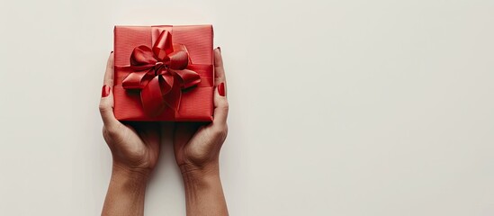 A celebratory theme featuring a hand holding a beautifully wrapped red gift box with a bow against a white background with copy space image