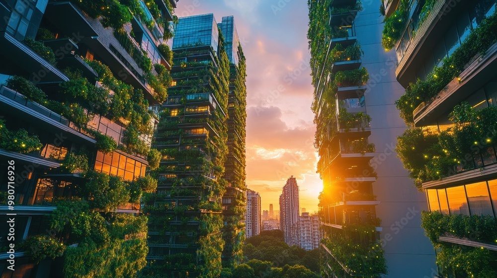 Poster A vibrant sunset view between green-covered buildings in an urban environment.