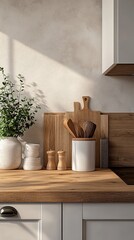 3D render close up blank empty space on beautiful wooden kitchen