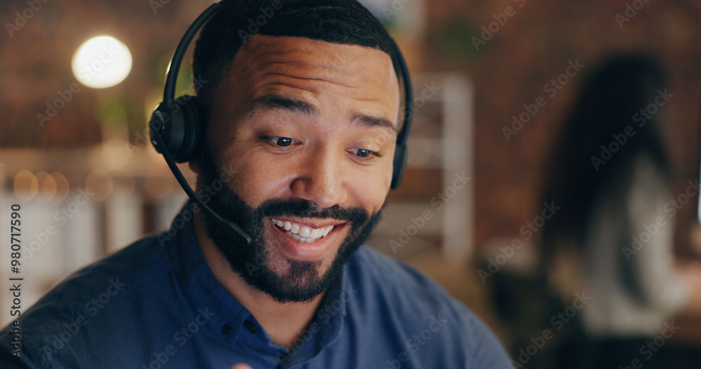 Sticker Black man, smile and headset in office for call center, contact us and customer service with crm. Agent, happy and microphone in workplace for communication, lead generation or technical support