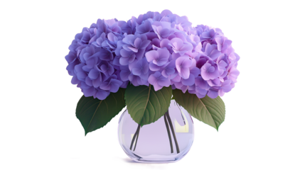 A vase of purple flowers sits on a white background. Concept of calm and serenity, as the flowers are arranged in a simple