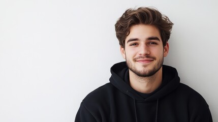 Obraz premium Casual Smile and Style: A Man in a Black Hoodie Captivating with a Warm Expression for Lifestyle Imagery