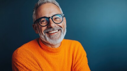 Obraz premium A Mature Man in an Orange Sweater and Eyeglasses Engaging in Thoughtful Reflection in a Cozy Environment