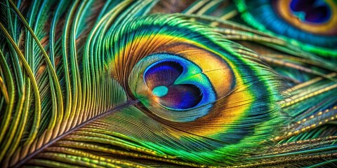 Obraz premium Vibrant iridescent peacock feather close-up showcases intricate eye-like patterns, shimmering blues and greens, and delicate barbs, capturing nature's stunning beauty and perfection.