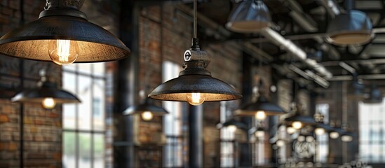 Capture the essence of industrial design with a picture showing pendant ceiling lights blending metal fixtures with vintage bulbs for a rugged yet stylish appearance in the copy space image