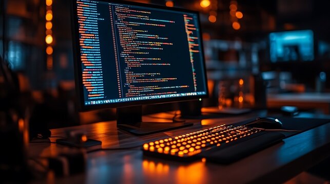 Late-night coding session in a dark office, the computer screen filled with lines of code illuminating the space, reflections of light on the keyboard and desk,