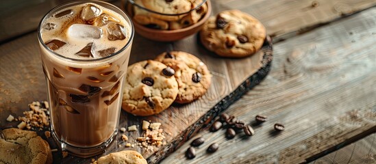 Fototapeta premium A glass of iced coffee being served with milk alongside sweet cookies on a rustic wooden surface with copy space image available