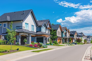 A perfect neighbourhood, houses in suburb at summer, luxury houses with nice landscape.