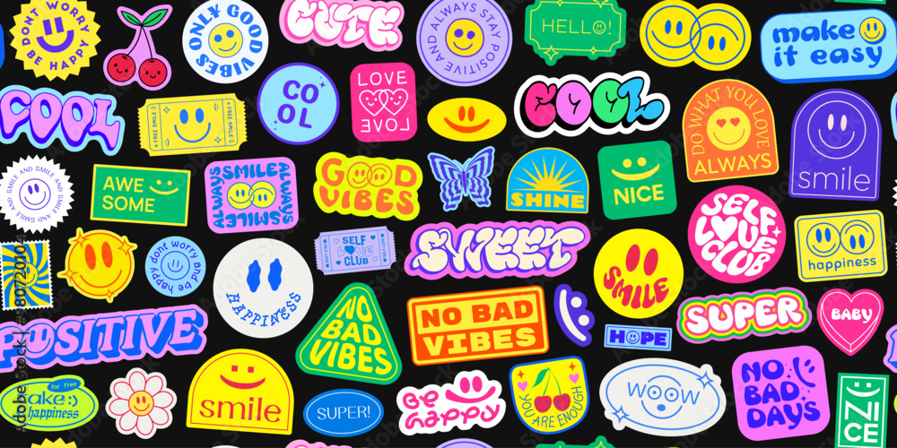 Poster cool y2k stickers collage pattern background. trendy pop art patches vector design. groovy smile bad