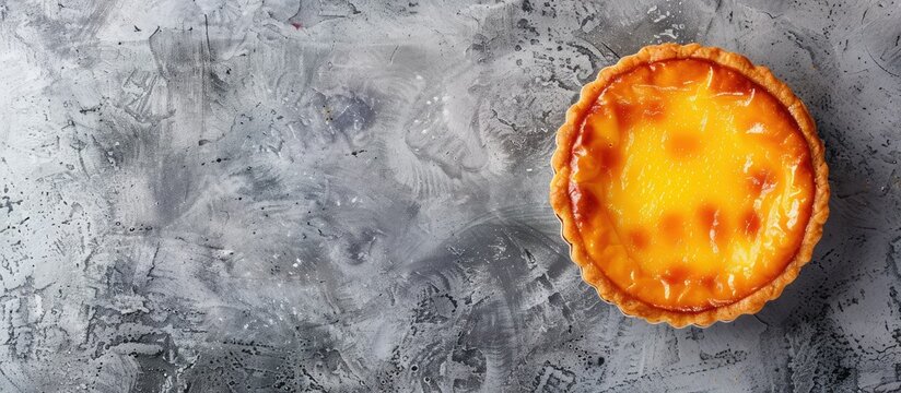 Traditional Portuguese egg custard tart known as pastel de nata displayed in a top view on a gray background with copy space image