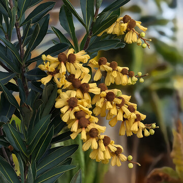 A realistic photo of a mumbar plant. The mumbar plant has dark green leaves and yellow flowers with a brown centre. The flowers are arranged in a cluster at the end of the branches.