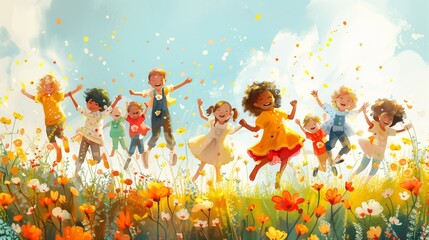 A group of excited children jumps in a flower filled field to celebrate their victory in a lively competition