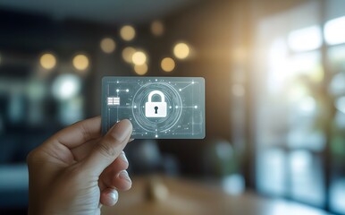 Hand holding a credit card with a digital padlock symbol, an online security concept