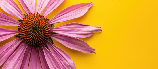 Obraz premium Top down view of a coneflower or Echinacea purpurea with a yellow backdrop providing room for text alongside the image. with copyspace image