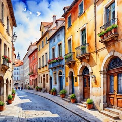Obraz premium Watercolor street view of a charming European town with colorful buildings and blooming balconies