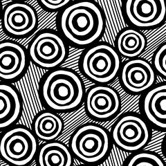 Black circles and thin lines isolated on white background. Monochrome geometric abstract seamless pattern. Vector simple flat graphic hand drawn illustration. Texture.