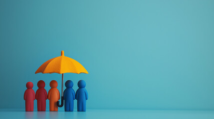 Group of figures standing under an umbrella, , shared protection and cooperation