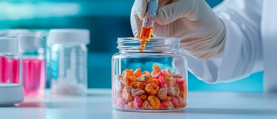 Close-up of a researcher testing artificial flavors in a futuristic laboratory, advanced food chemistry, flavor innovation in modern cuisine