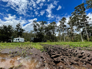 Muddy tire tracks caravanning Australia