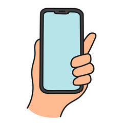 Png hand holding phone sticker, digital device doodle on transparent background