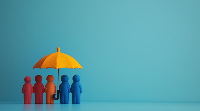 Group of figures standing under an umbrella, , shared protection and cooperation