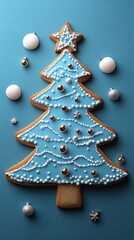 Blue chirstmas tree gingerbread cookie on blue background