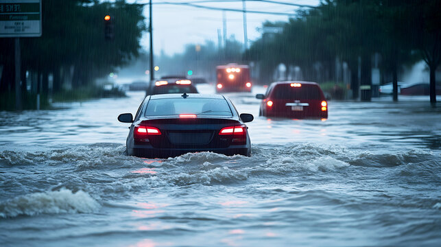 Emergency vehicles navigating flooded city roads as a flash flood disrupts traffic