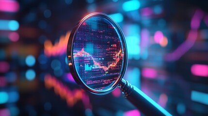 Magnifying glass enlarging the electronic circuit board with processor background, a magnifying glass is placed on a computer display showing data analysis