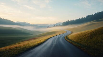 serene winding road in misty countryside
